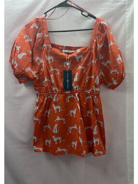 Michelle McDowell Large Orange Run Wild Gracie Top with White & Blue Leopards NW